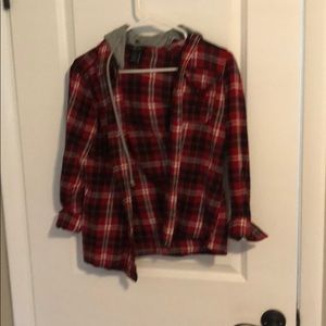 Red and black plaid jacket with gray hood
